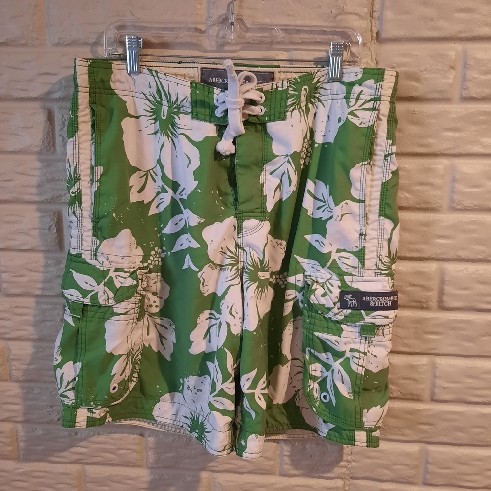 Vtg Abercrombie & Fitch Swim Trunks Mens 36? Green Hawaiian Y2K Cargo Lined